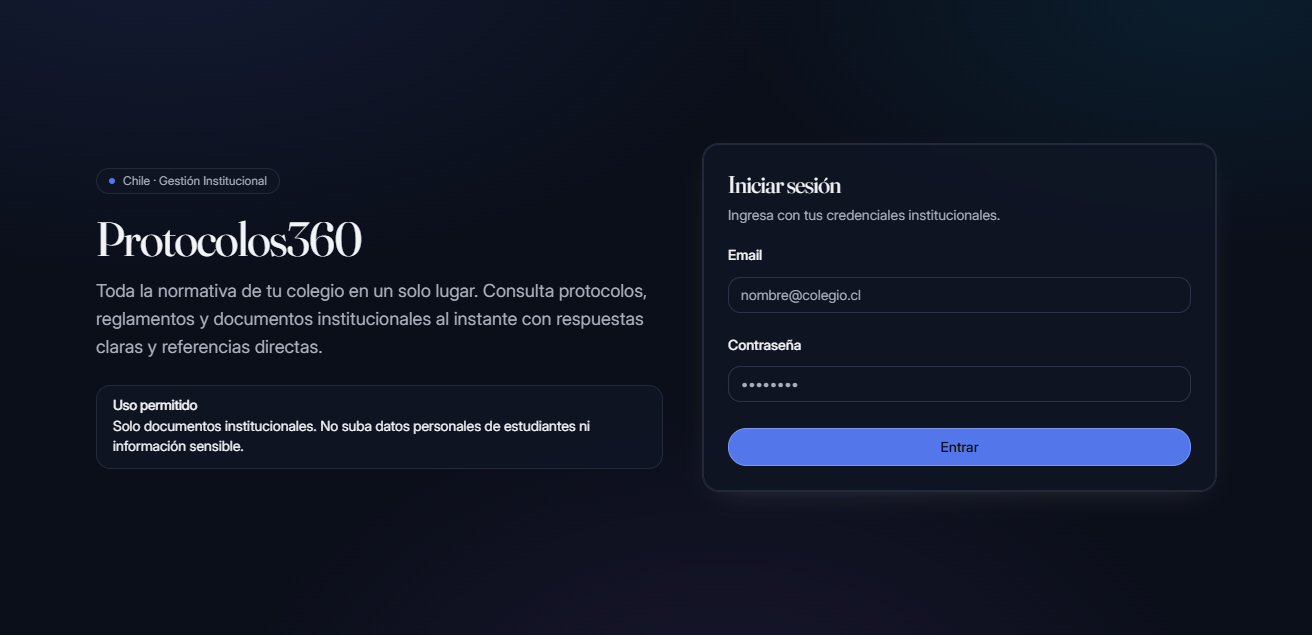 Pantalla de acceso de Protocolos360